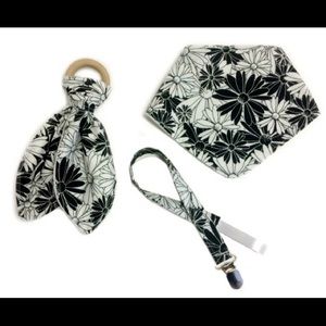 bib, teether, pacifier clip 3 piece baby set
